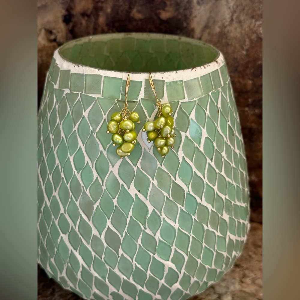Gold Green Freshwater Pearl Dangle Earrings